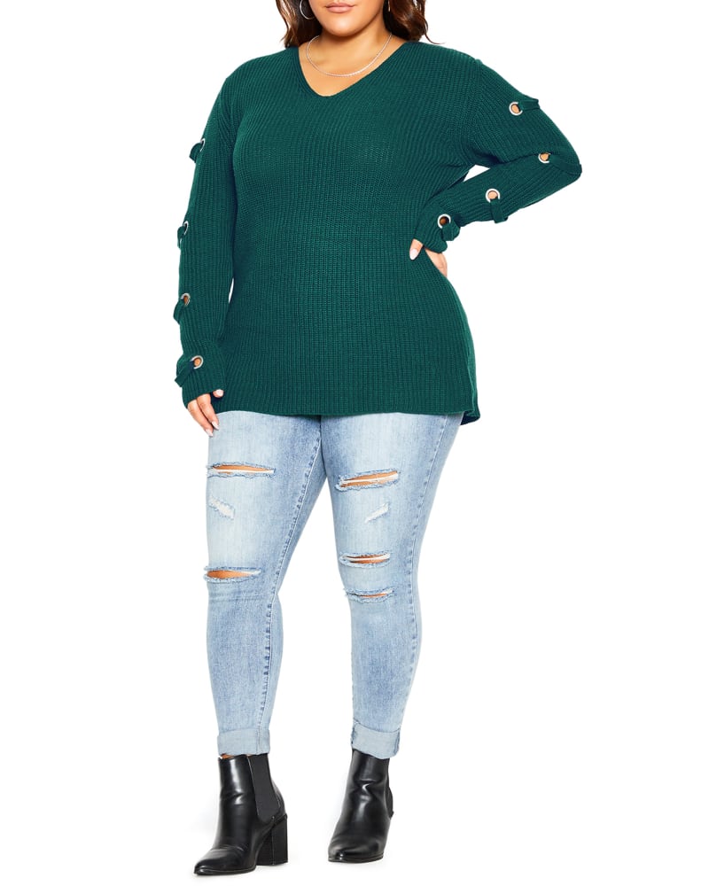 Front of a model wearing a size XXS Alma Eyelet Sleeve Tunic in Alpine by City Chic. | dia_product_style_image_id:234397